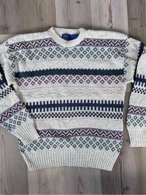 Cable Knit Pattern Crewneck Sweater - Cream 100% Cotton Dadcore USA